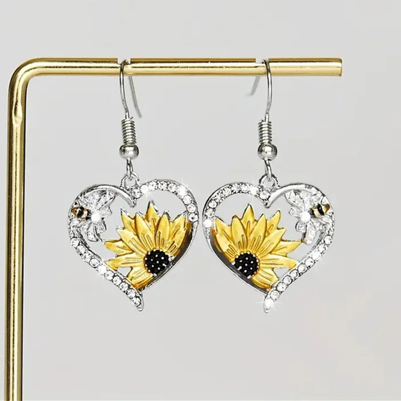 FCJ Cute Lady Animal Bee Sunflower Heart Earrings Fashionable Sunflower Heart Design for Women Good Vibrations