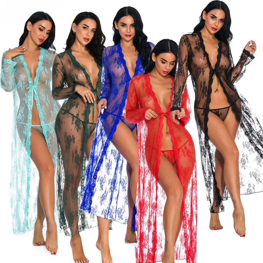 Women Set with Lace Trim Sexy Cardigan Robes Pajamas Young Girls Night Dress Sexy Lingerie Transparent Long Sleeve Woven Adults Good Vibrations
