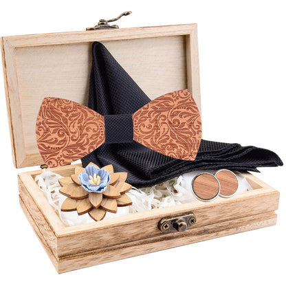 2020 Design Craved Floral Wooden Wood Bow Tit Set Navy Red Plaid Silk Pocket Square Cufflinks Broocn Bowtie Set For Mens Wedding