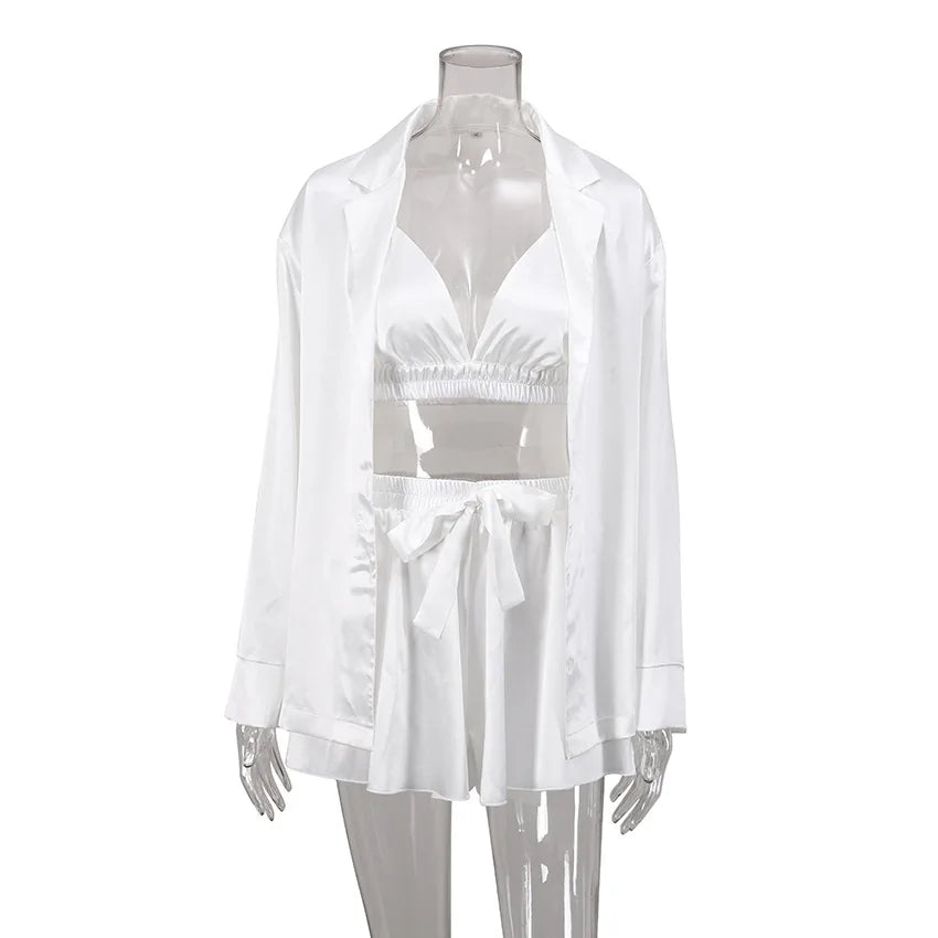 Enyami Elegant Spring Autumn Sexy Fashion Romantic Pajama 3 Piece Bra Blouse Shorts Satin Sleepwear Women Set Good Vibrations