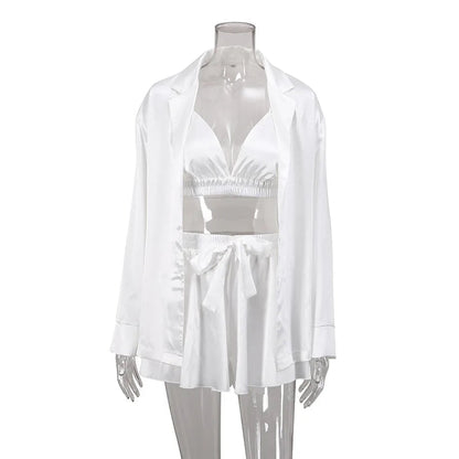 Enyami Elegant Spring Autumn Sexy Fashion Romantic Pajama 3 Piece Bra Blouse Shorts Satin Sleepwear Women Set Good Vibrations