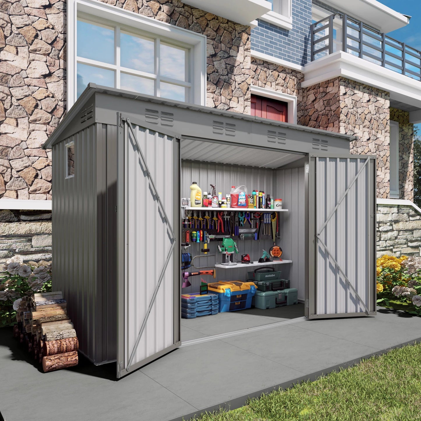 9X4FTfree Shipping in Stock  Gray Metal Garden Shed for Tools Sloping Roof 6 Vents 2 Swing Doors Steel Frame for Backyard Patio Good Vibrations