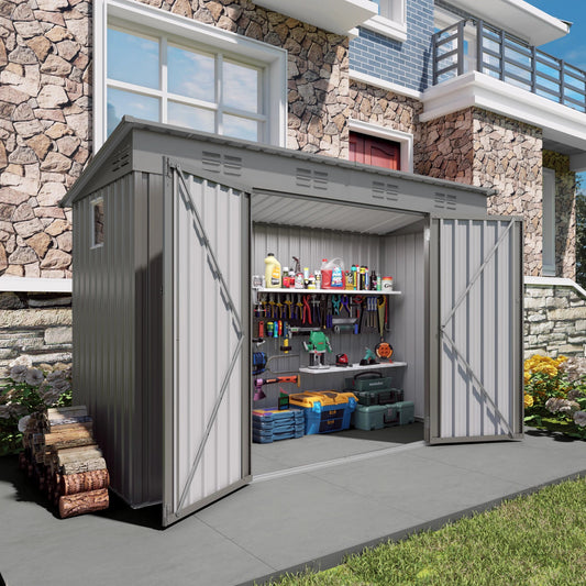 9X4FTfree Shipping in Stock  Gray Metal Garden Shed for Tools Sloping Roof 6 Vents 2 Swing Doors Steel Frame for Backyard Patio Good Vibrations