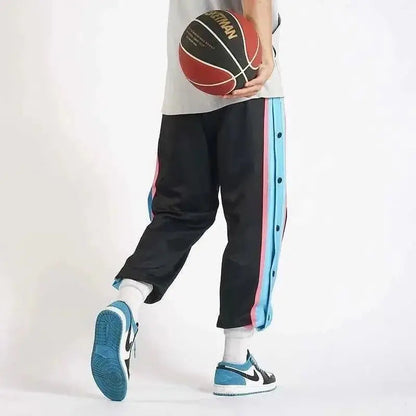 Harajuku Fashion Sports Men Pants Daily Outdoor Basketball Sweatpants Hollow Out Side Stripe Button Fly Design Creative Trousers Good Vibrations