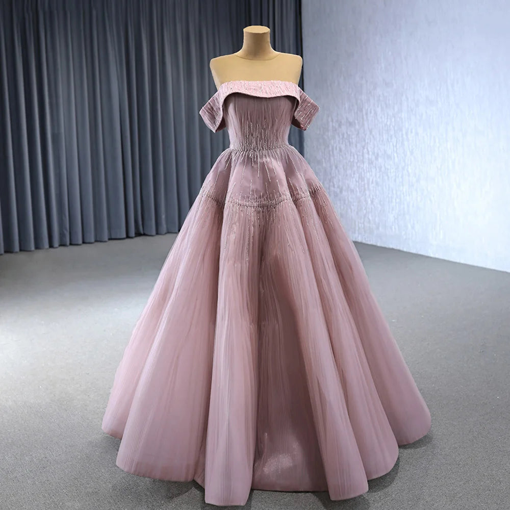 Pink Elegant Sexy Shining Pleated Off-The-Shoulder Plus Size Party Dresses Rsm241002-1 Good Vibrations