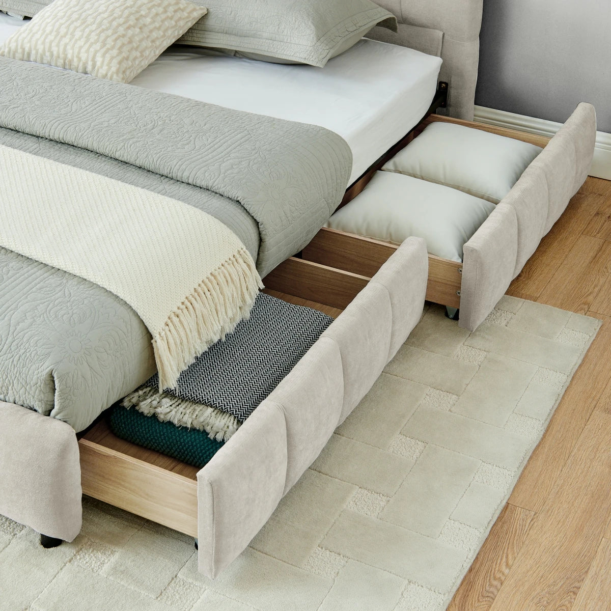 Modern Tufted Upholstered Wood Bed Frame with Storage Drawers Soft Bedroom Furniture Good Vibrations