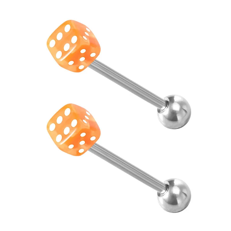 2pcs Good Luck Dice Tongue Ring Surgical Steel Tongue Piercing Barbell Colorful Labret Stud Bar for Women Men Body Jewelry 14G Good Vibrations