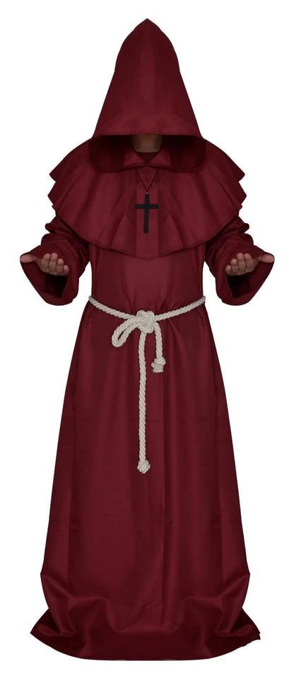 Medieval Monk Halloween Costumes Comic Con Party Cosplay Costume Hooded Robes Cloak Cape Friar Renaissance Priest for Men Good Vibrations