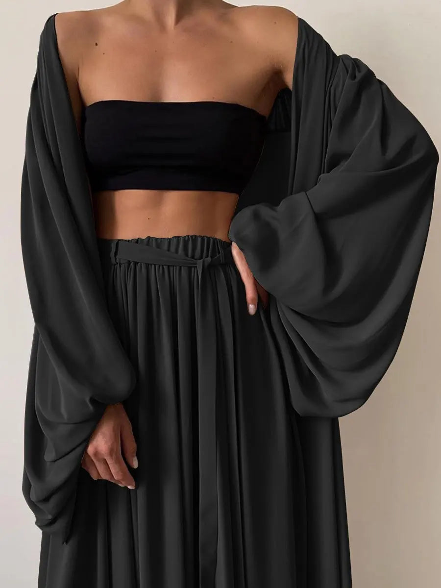 Lazy Style Women Set Solid Shirt Wipe Chest Wide Leg Pants Elegant Women Pants Set Woman Clothes Outfits Good Vibrations