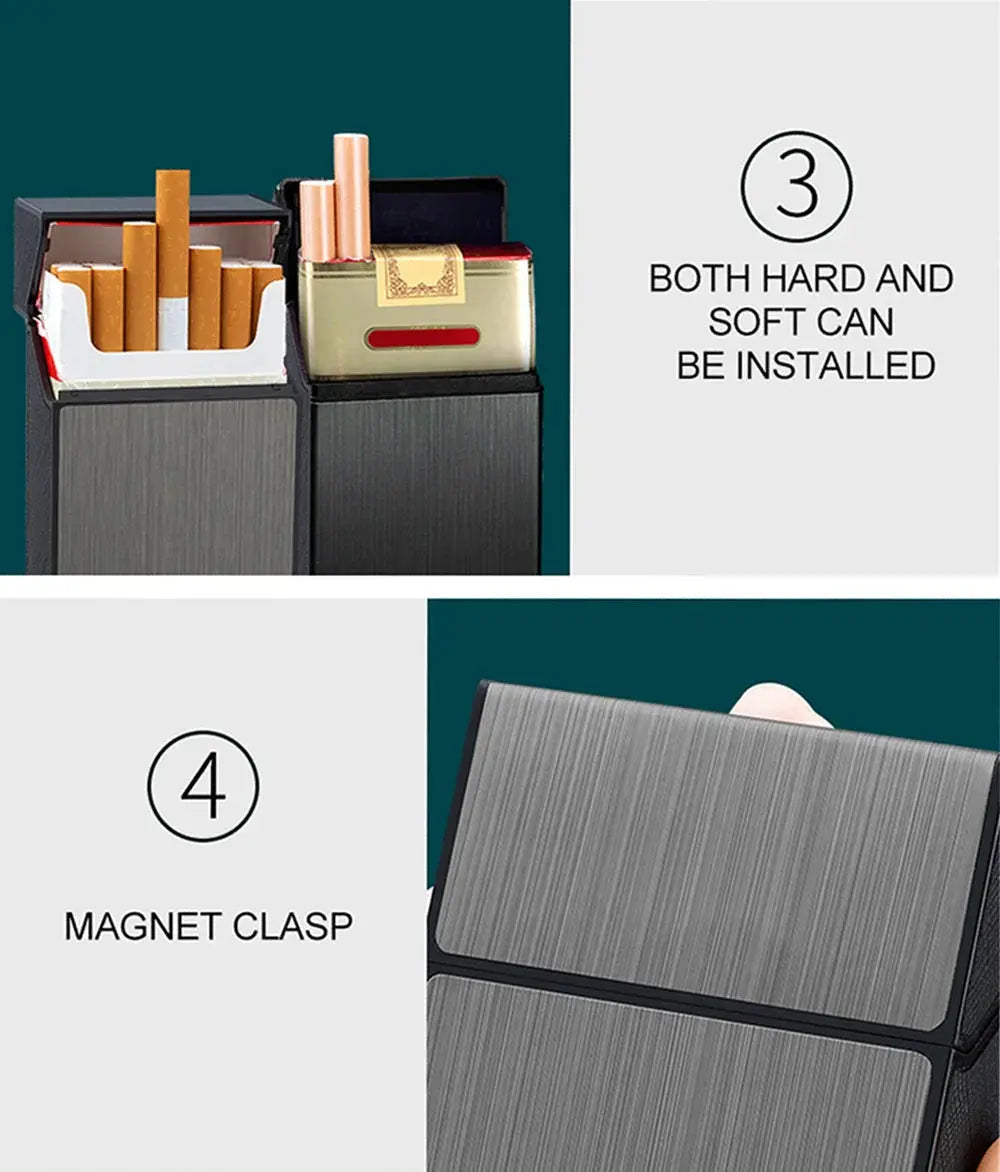 Portable metal cigarette case with magnet clasp and versatile installation options.