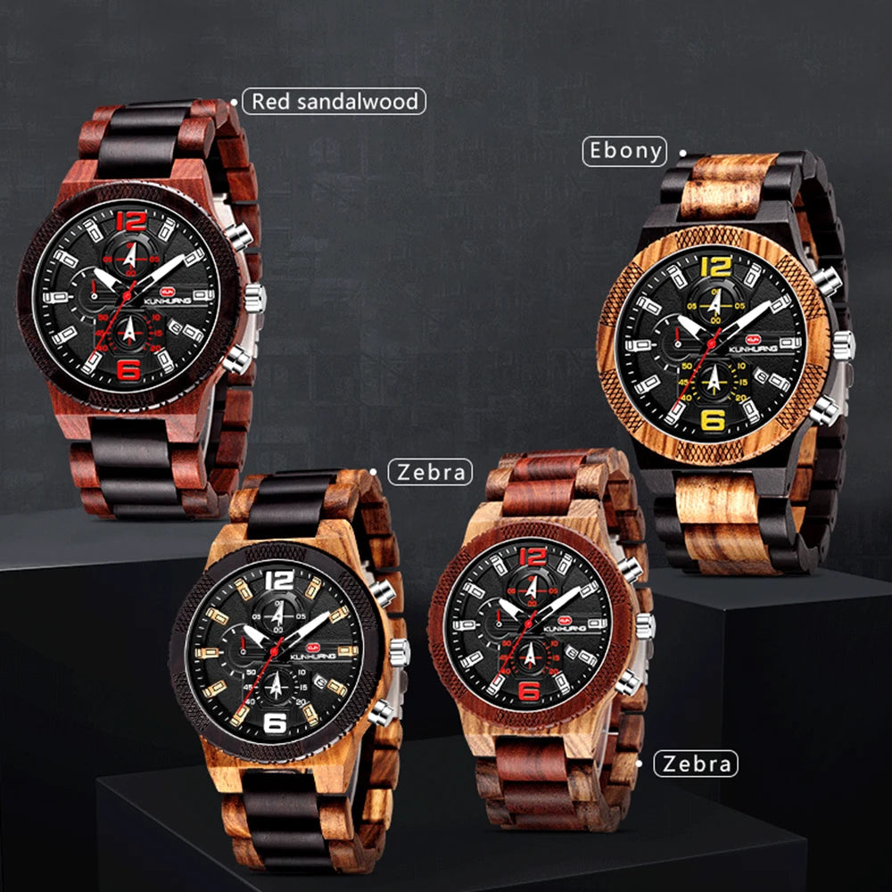 Men's Wood Watches Luxury Luminous Multi-function Wooden Watch Men's Quartz Retro Watch Men Fashion Sport Timepieces Relogio Good Vibrations