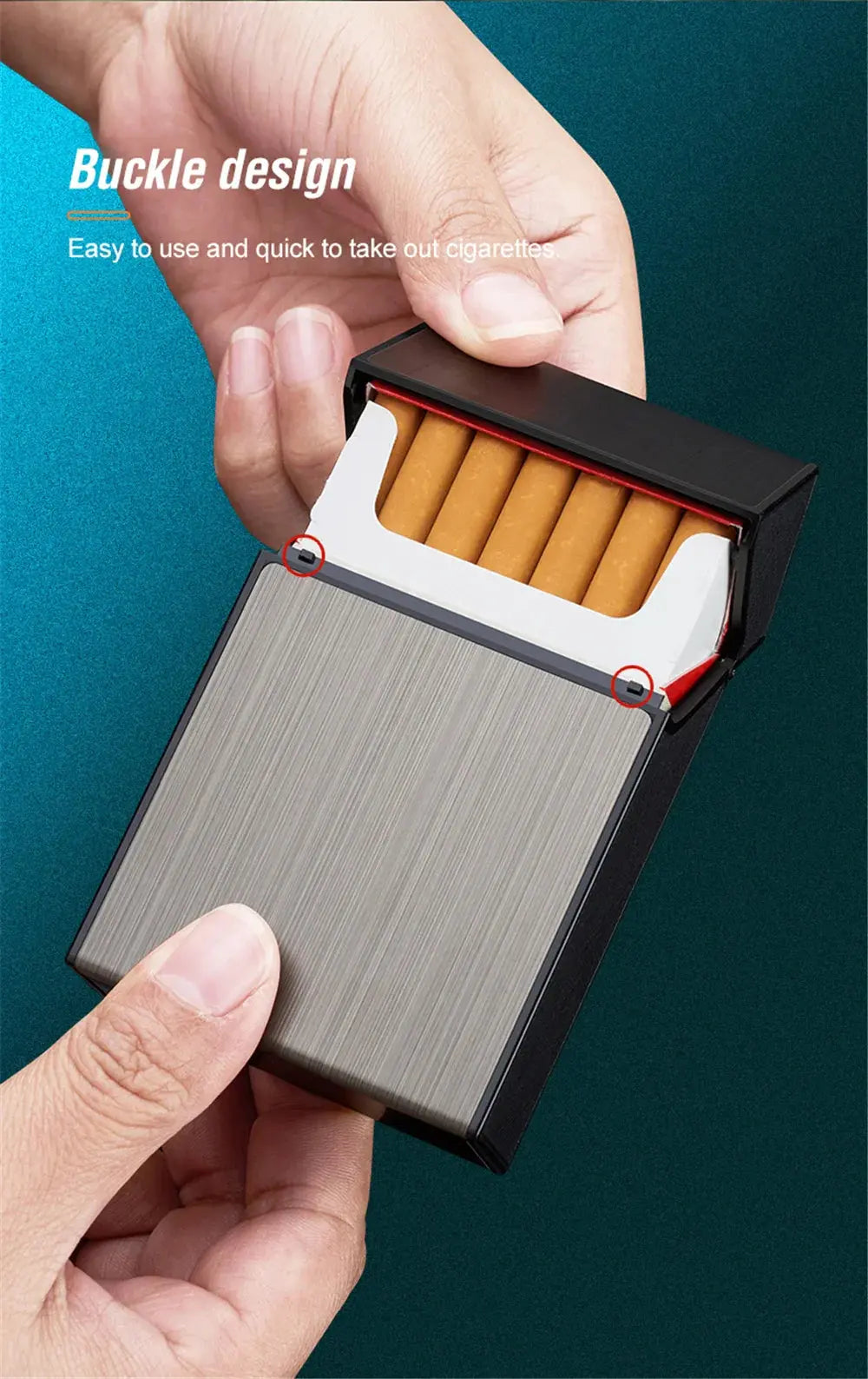 Metal portable cigarette case with buckle design for easy access, 20-cigarette capacity.