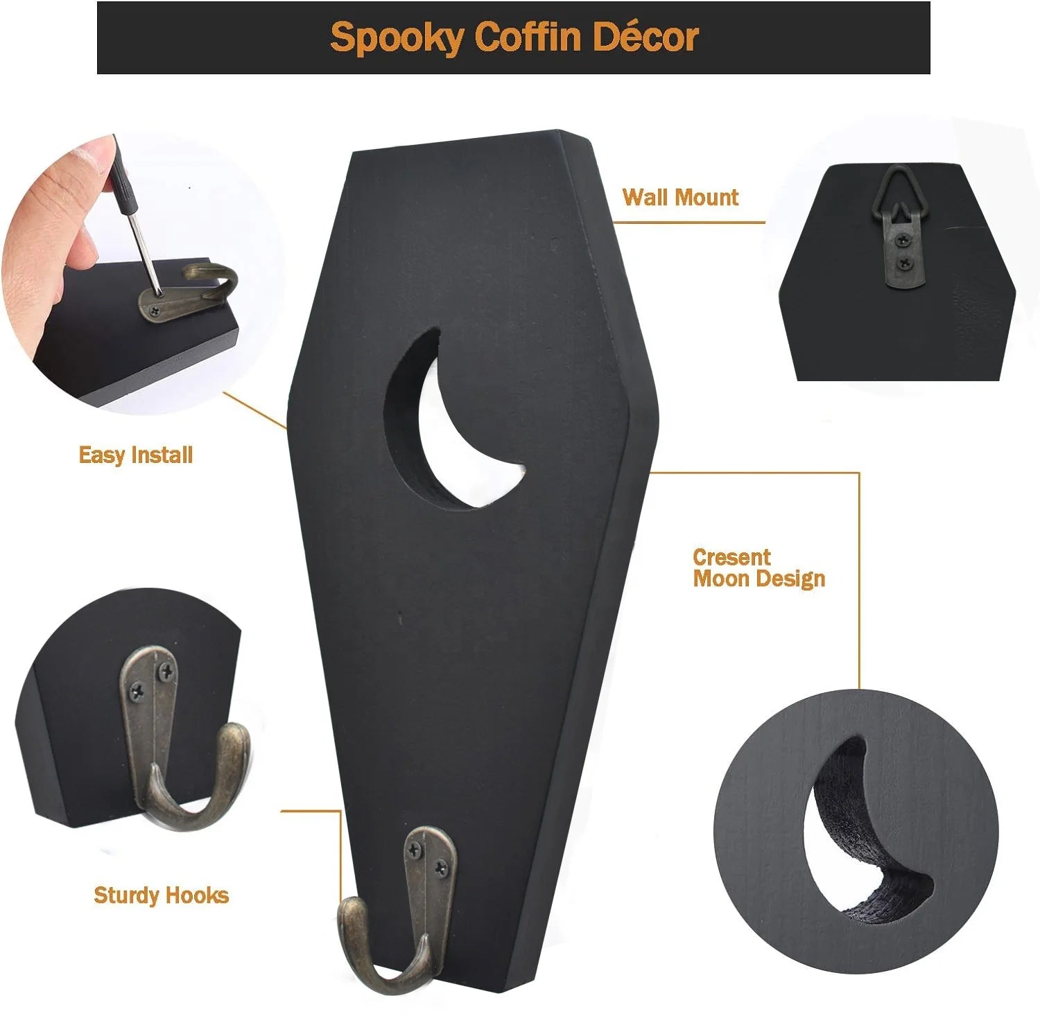 2 PCS Rustic Wall Mounted Coffin Key Holder Spooky Gothic Home Decor Halloween Decor Black Wooden Hanger Hooks for Keys Mugs Good Vibrations