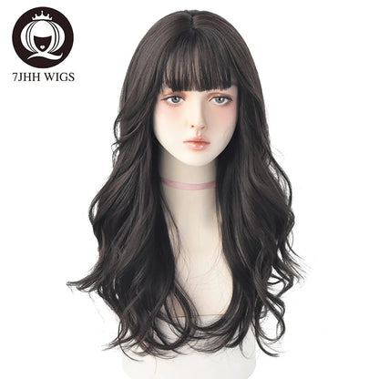 7JHHWIGS Long Wavy Synthetic Black Wigs For Women With Fringe Fashion Heat Resistant Mid-Length Daily Straight Light Brown Hair Good Vibrations