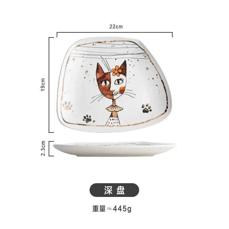 Cute Cartoon Cat Ceramic Tableware Household Soup Noodle Bowls Fruit Steak Food Plate Dishes Creative Porcelain Dinnerware Good Vibrations