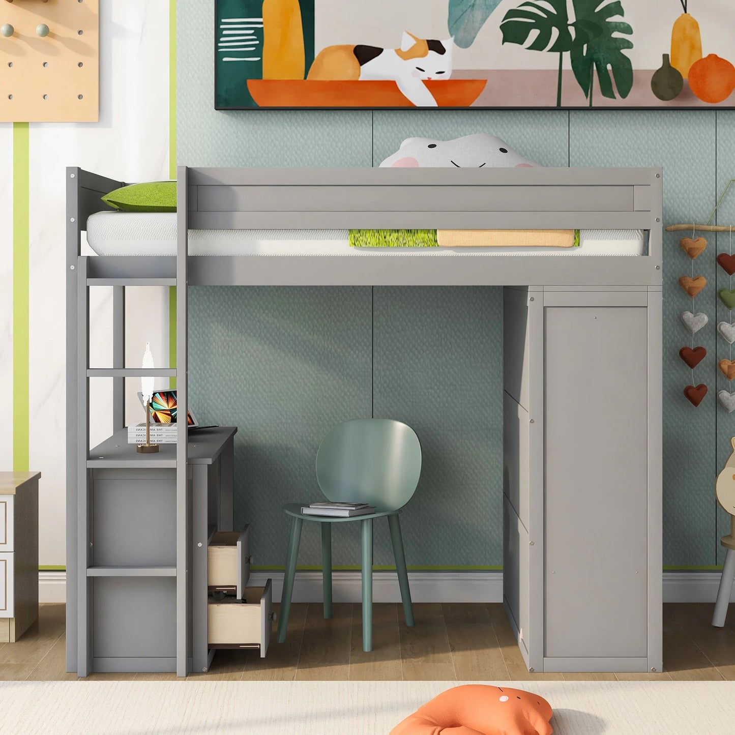 Wood Twin Size Loft Bed With Wardrobes and 2-Drawer Desk With Cabinet in Gray Color Good Vibrations