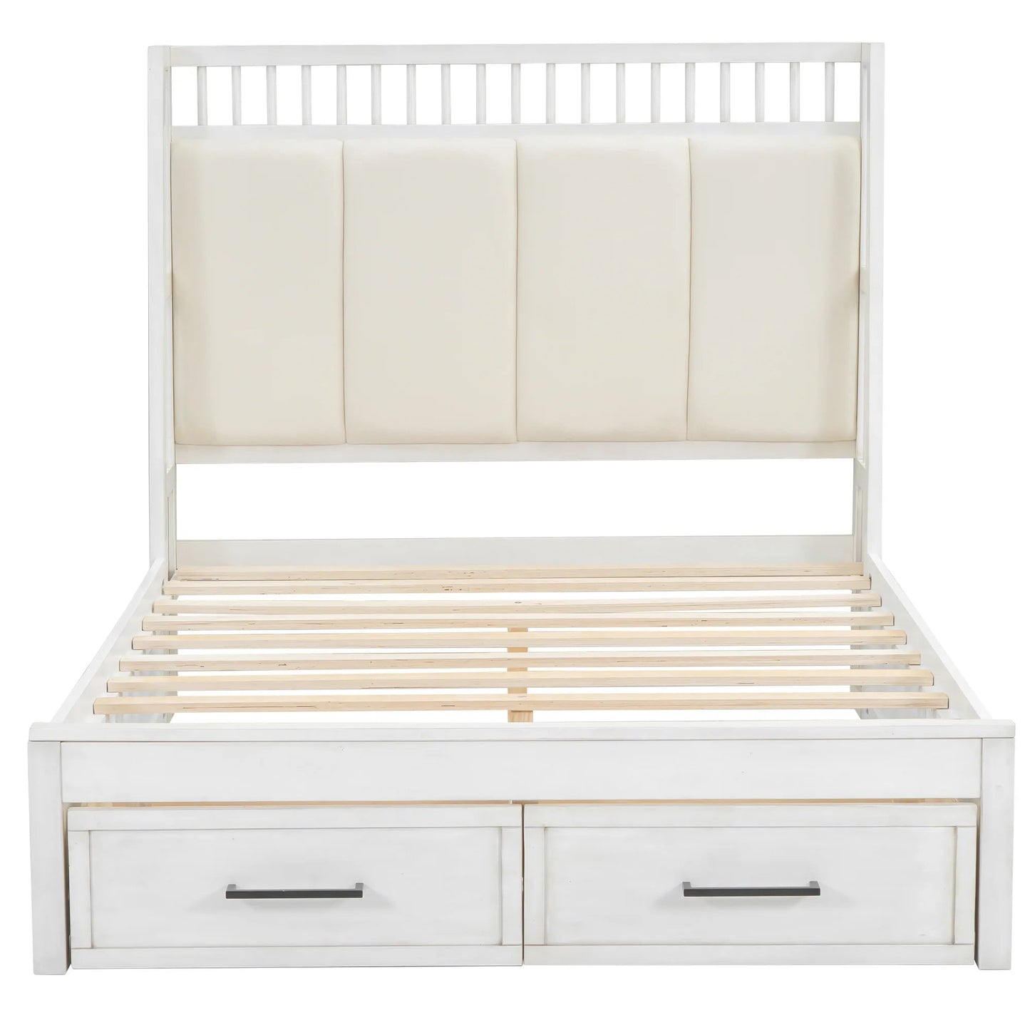 White Upholstered Wood Platform Bed with Headboard and 2 Drawers Good Vibrations