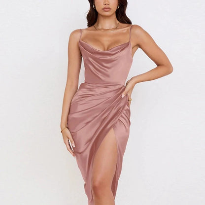 Enyami Summer Streetwear Elegant Club Satin Prom Women Midi Sundress High Slit Ruched Elegant Bodycon Sexy Party Slip Dress Good Vibrations