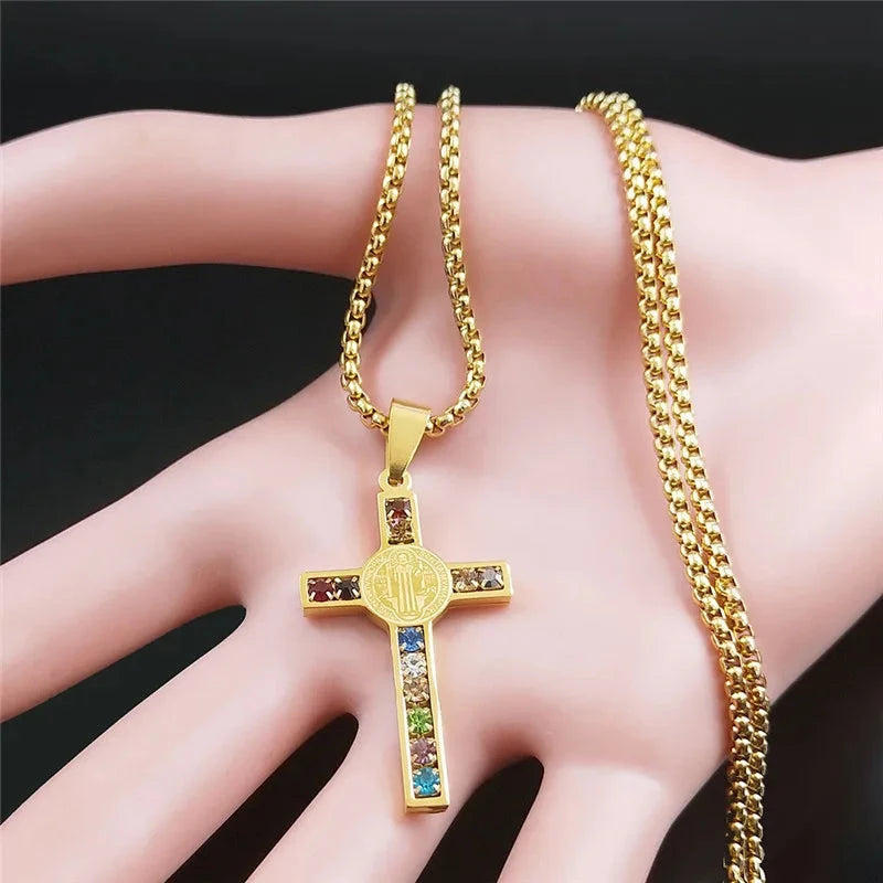 Catholic Jesus Cross Stainless Steel Necklace Saint Benedict Crystal Virgin Mary Pendant Crucifix Male Necklaces Jewelry cruz Good Vibrations