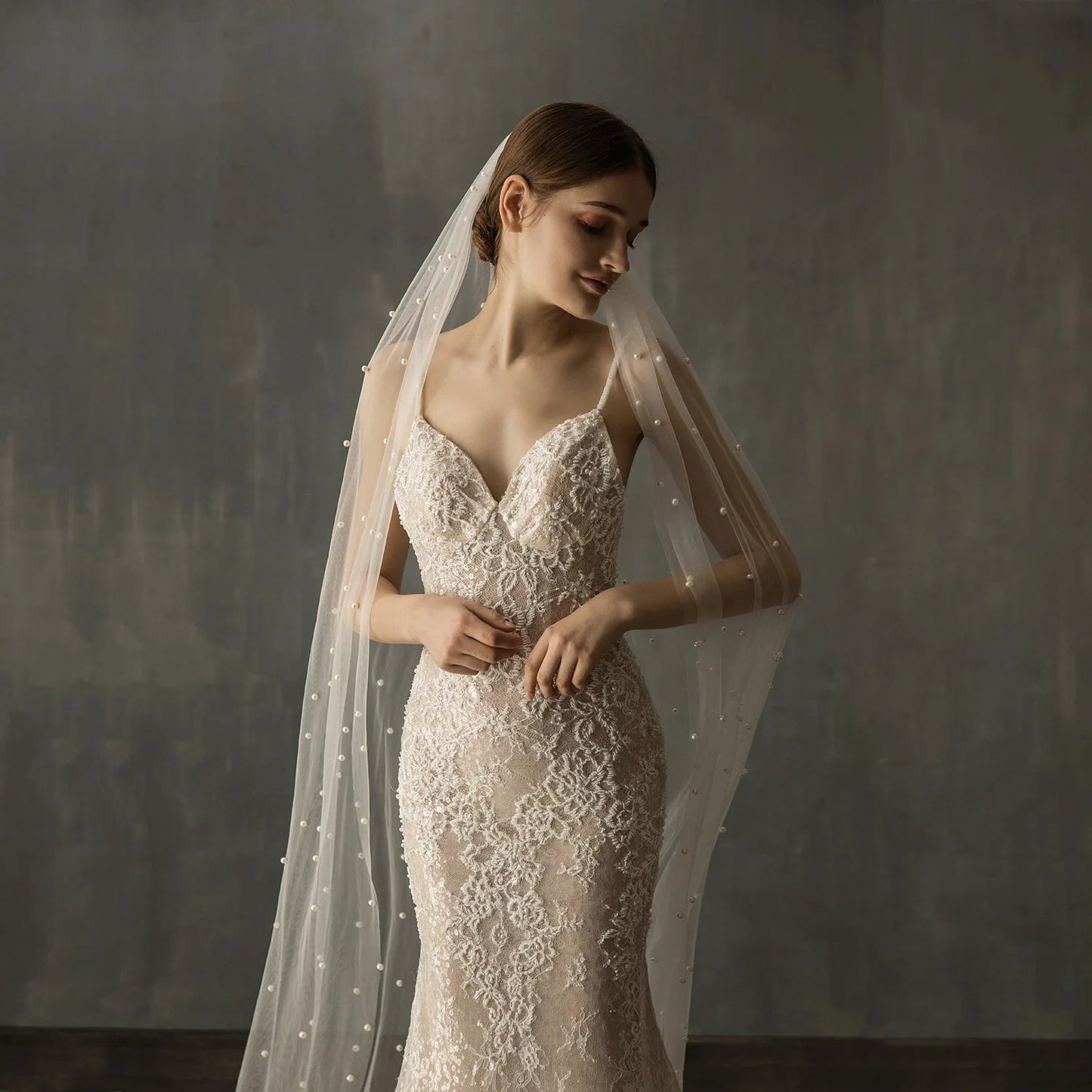 LUOXIN Customized Beautiful Wedding Dress Pearly Long Veil Ivory Bridal Veil Good Vibrations