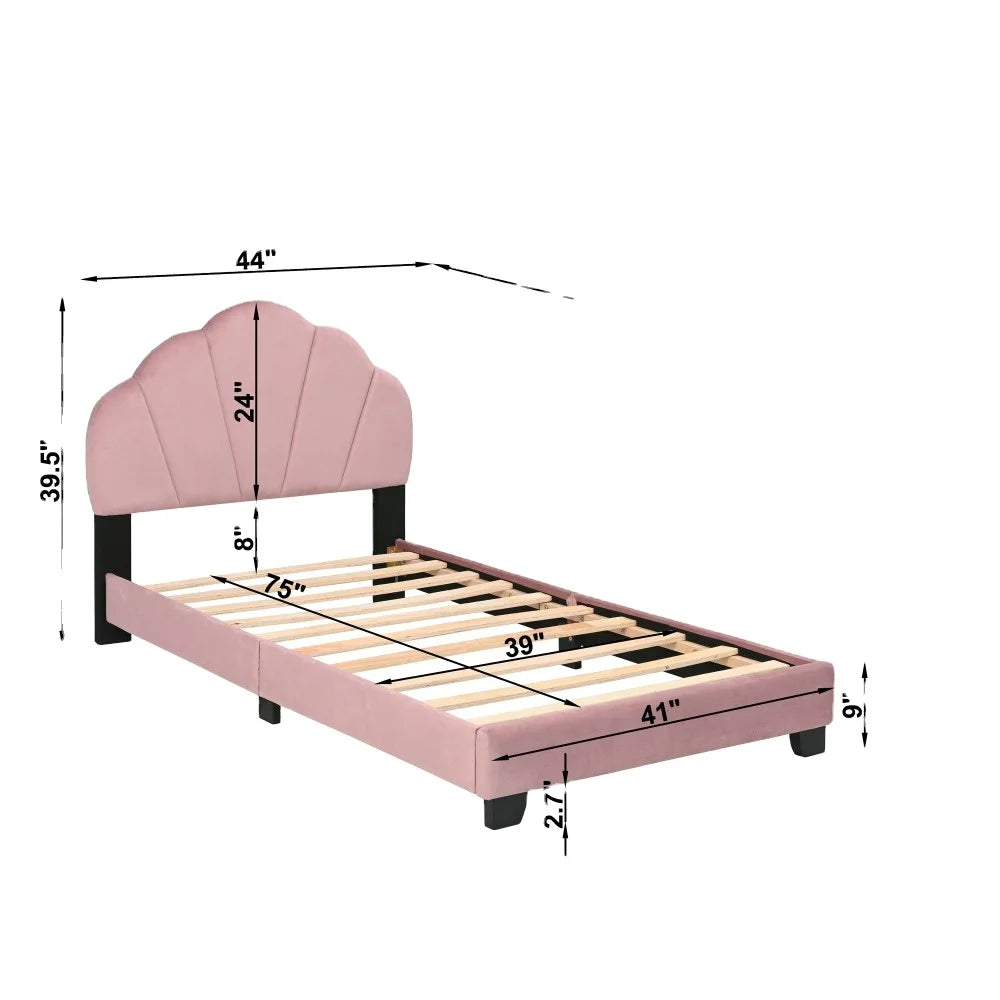 Upholstered Twin Size Platform Bed for Kids, Wooden Bed Frame with Slatted Bed Base, Cute Bed Frame with Shell Design Headboard Good Vibrations