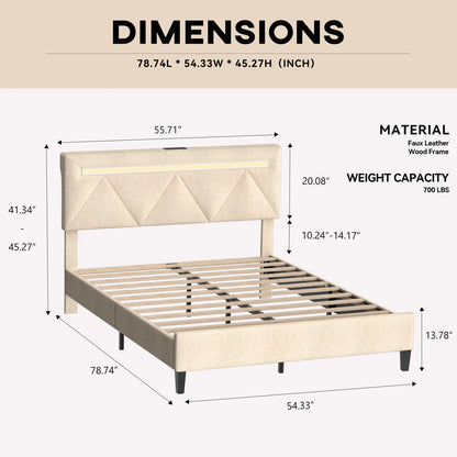 Adjustable Full Bed Frame with LED Lights & Charging Station Modern Upholstered Platform Bed Headboard & Frame King Size Good Vibrations