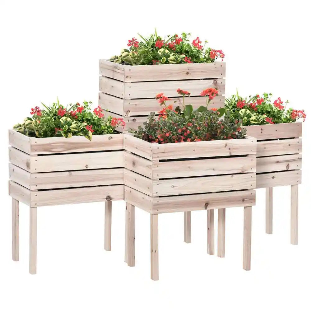 4PCS Raised Garden Bed, Wooden Elevated Planter Box Kit with Bed Liner, DIY Shape, for Flowers Good Vibrations