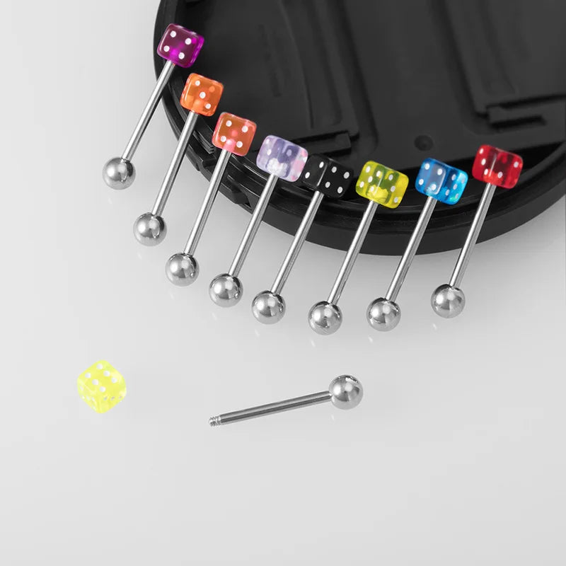 2pcs Good Luck Dice Tongue Ring Surgical Steel Tongue Piercing Barbell Colorful Labret Stud Bar for Women Men Body Jewelry 14G Good Vibrations