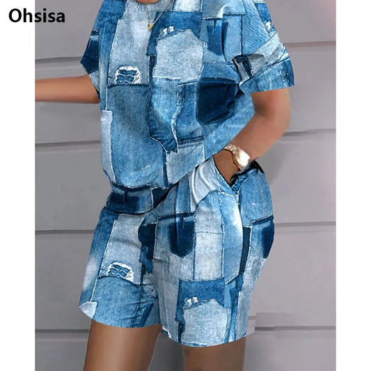 Summer Fashion Casual Printed Short Sleeve Shirt High Waist Shorts 2 Piece Women Outfits Set Suits Good Vibrations