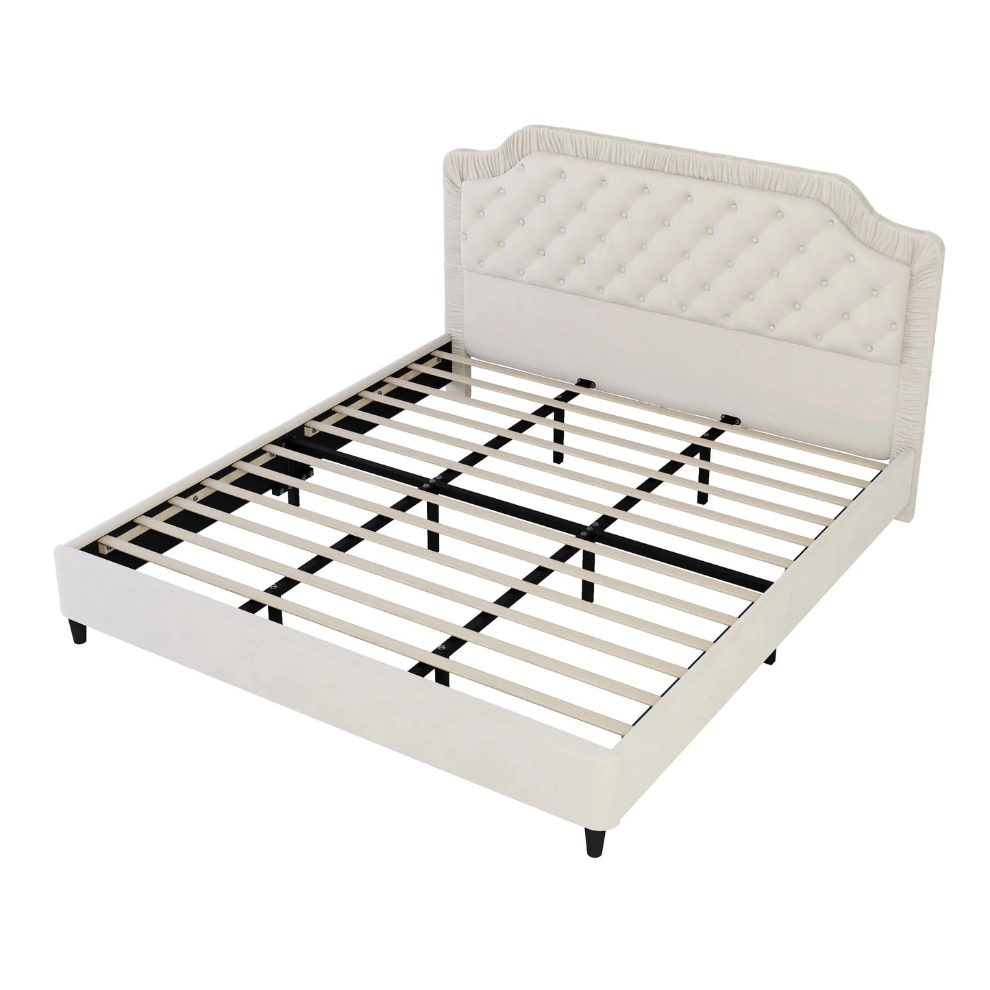 King Size Upholstered Bed With Ruched and Button Tufted Headboard No Box Spring Needed in White Color Good Vibrations