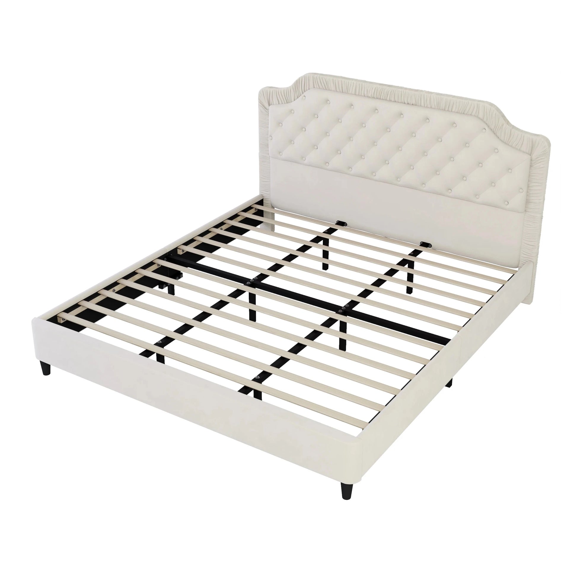 King Size Upholstered Bed With Ruched and Button Tufted Headboard No Box Spring Needed in White Color Good Vibrations
