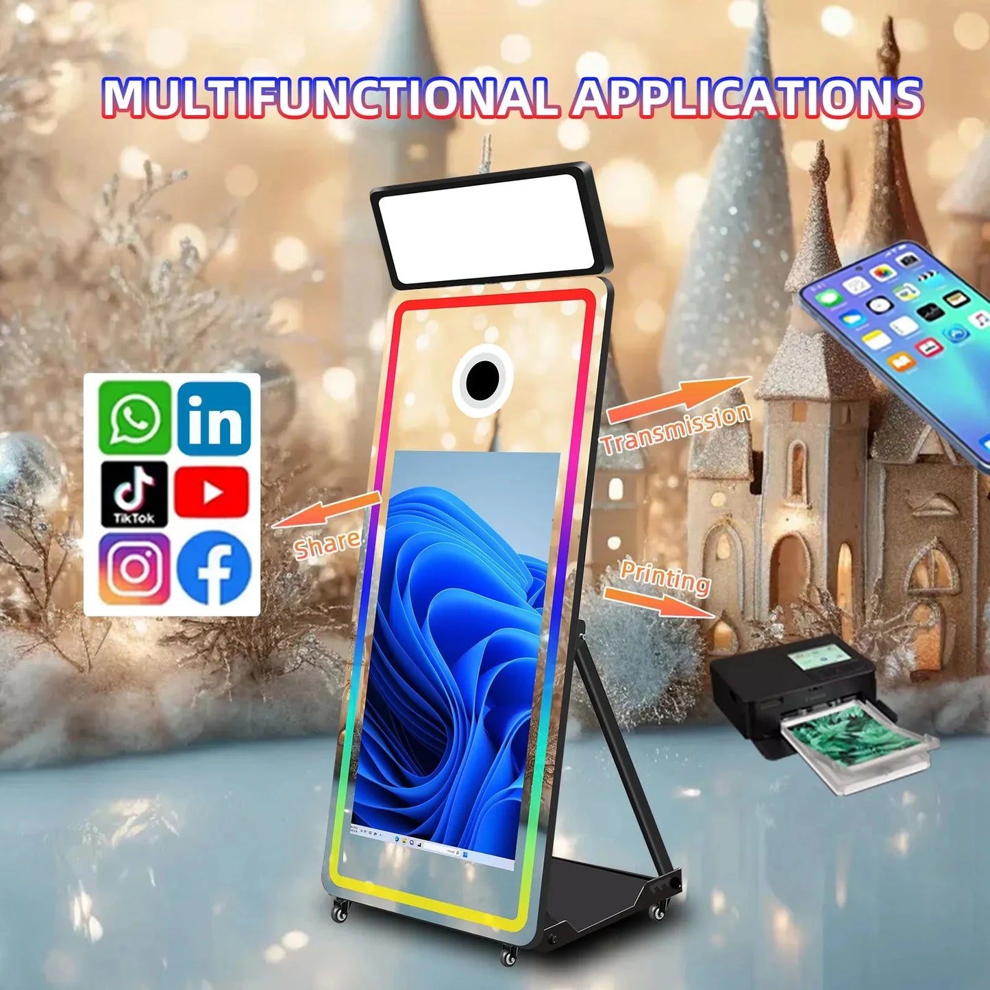 Fashion LED Frame Selfie Magic Mirror Photobooth Machine Touch Screen SLR Compatible Camera Printer for Parties and Events Good Vibrations