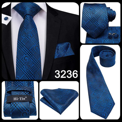 Hi-Tie Navy Blue Solid Paisley Silk Wedding Tie For Men Hanky Cufflink Mens Necktie Set Business Party New Design Dropshipping Good Vibrations