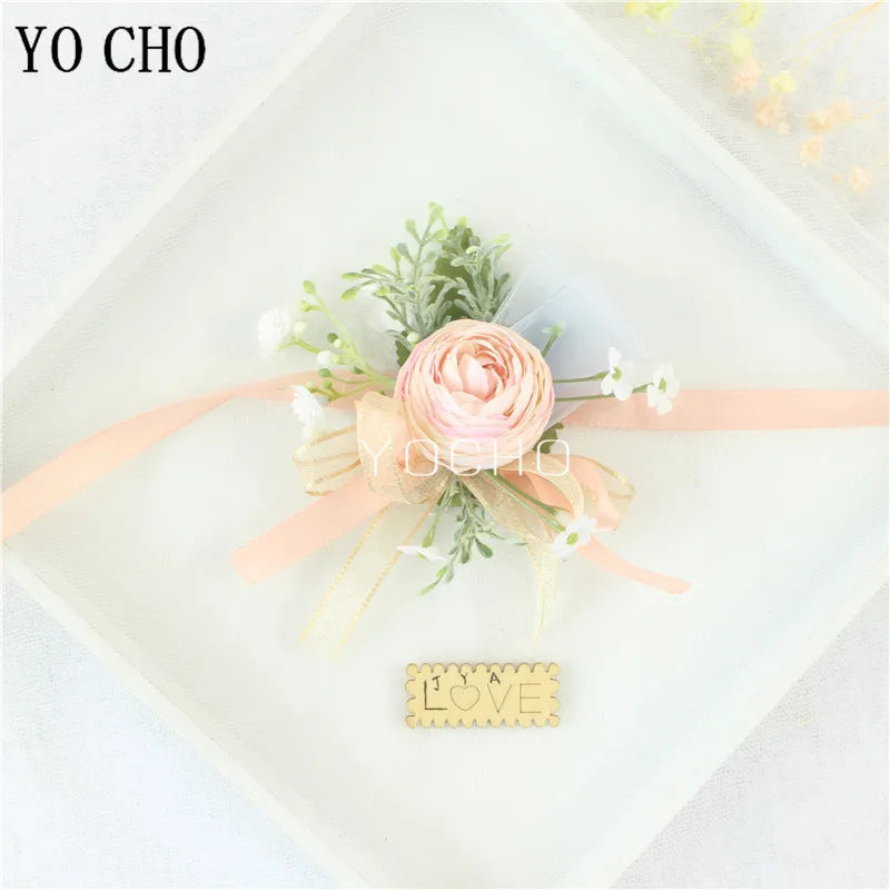 Wedding Groom Boutonniere Bride Bridesmaid Women Hand Wrist Flower Silk Rose Boutonniere Buttonhole for Marriage Party Flower Good Vibrations