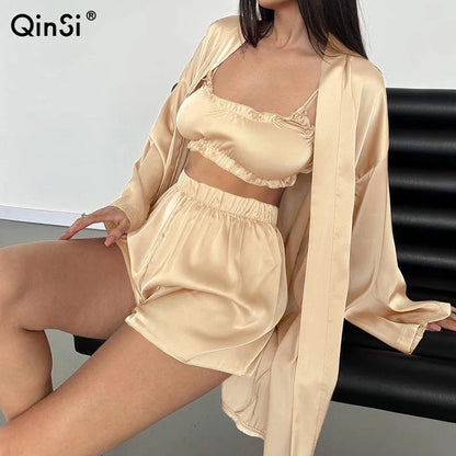 QINSI Sexy Bathrobe Silk Pajamas for Women Three Pieces Bra Robes Women Set Sleepwear Long Sleeved Satin Sexy Nightwear Good Vibrations