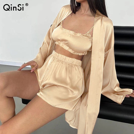 QINSI Sexy Bathrobe Silk Pajamas for Women Three Pieces Bra Robes Women Set Sleepwear Long Sleeved Satin Sexy Nightwear Good Vibrations