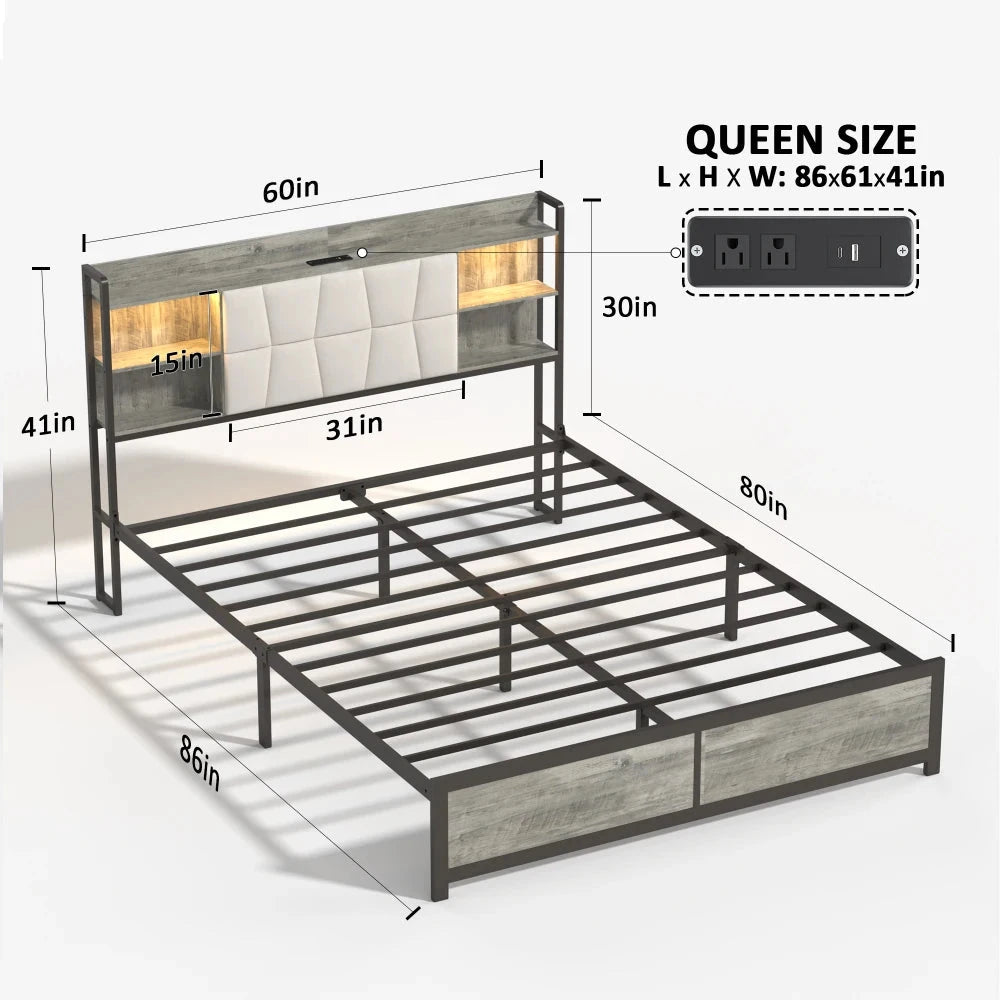 Queen Size Bed Frame with LED Light & Power Outlet, Platform Bed with Upholstered Headboard and Storage Good Vibrations