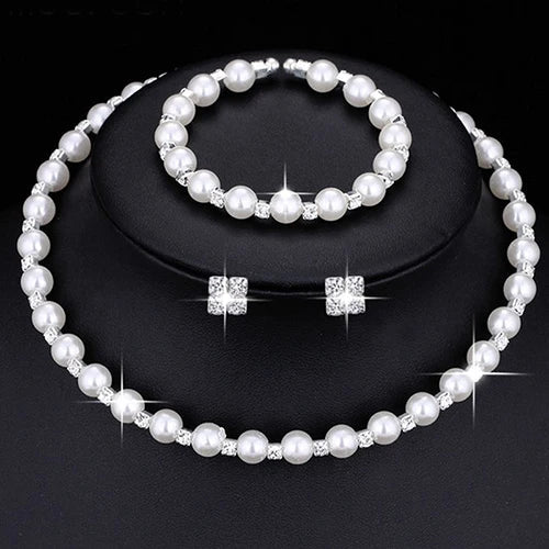 Wedding Bridal Jewelry Set String of Pearls Prom Silver Color Crystal Bracelet Necklace Earrings for Women jewellery sets Good Vibrations Adult Super Store