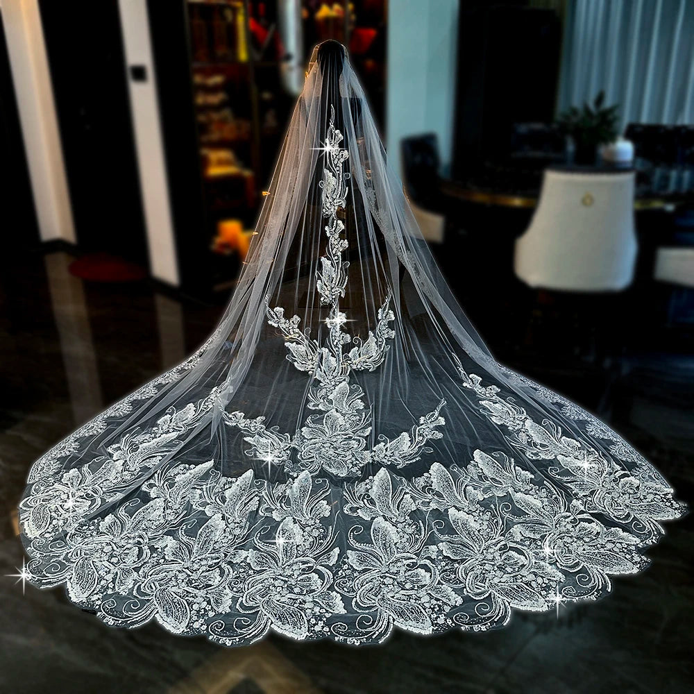 Feishiluo  Luxury One Layer Bead Bridal Veil  with Bead  Lace and Embroidery Wedding Veil in Elegant Style 3.5 Meters Long Good Vibrations