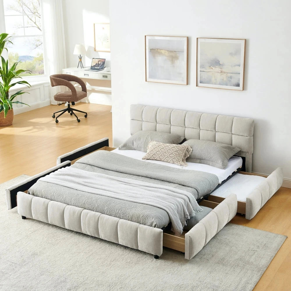 Modern Queen Size Tufted Headboard Platform Bed Frame with Wooden Storage Drawer Soft Chenille Upholstered Bedroom Bed Good Vibrations