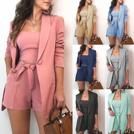 YiXin New Arrivals 2022 Vest Jacket Shorts Women Solid Color High Waist Women Outfits Three Pieces Set Women Clothing Good Vibrations