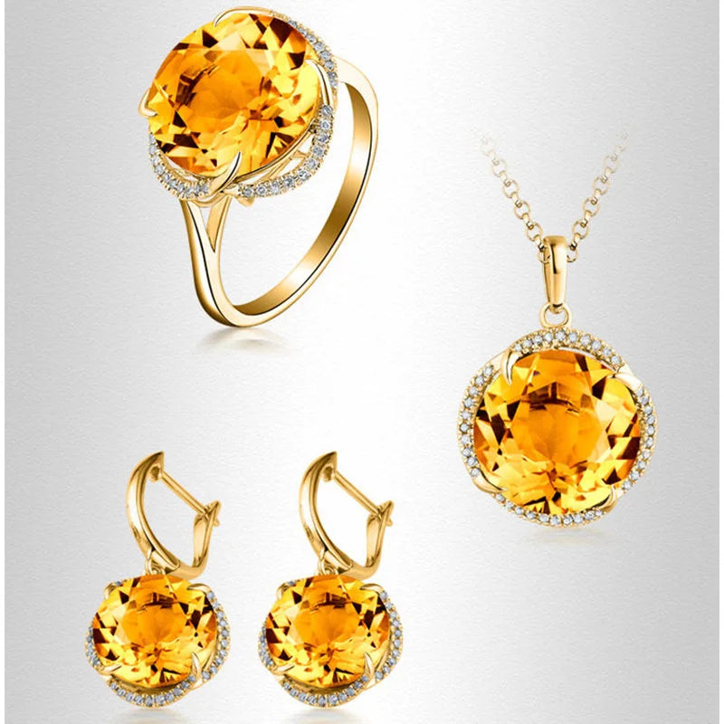 JoiasHome Charms Jewelry Sets for Women Fashion Yellow Crystal Ring Earrings Necklace Female Party Silver 925 Jewelry Wholesale Good Vibrations