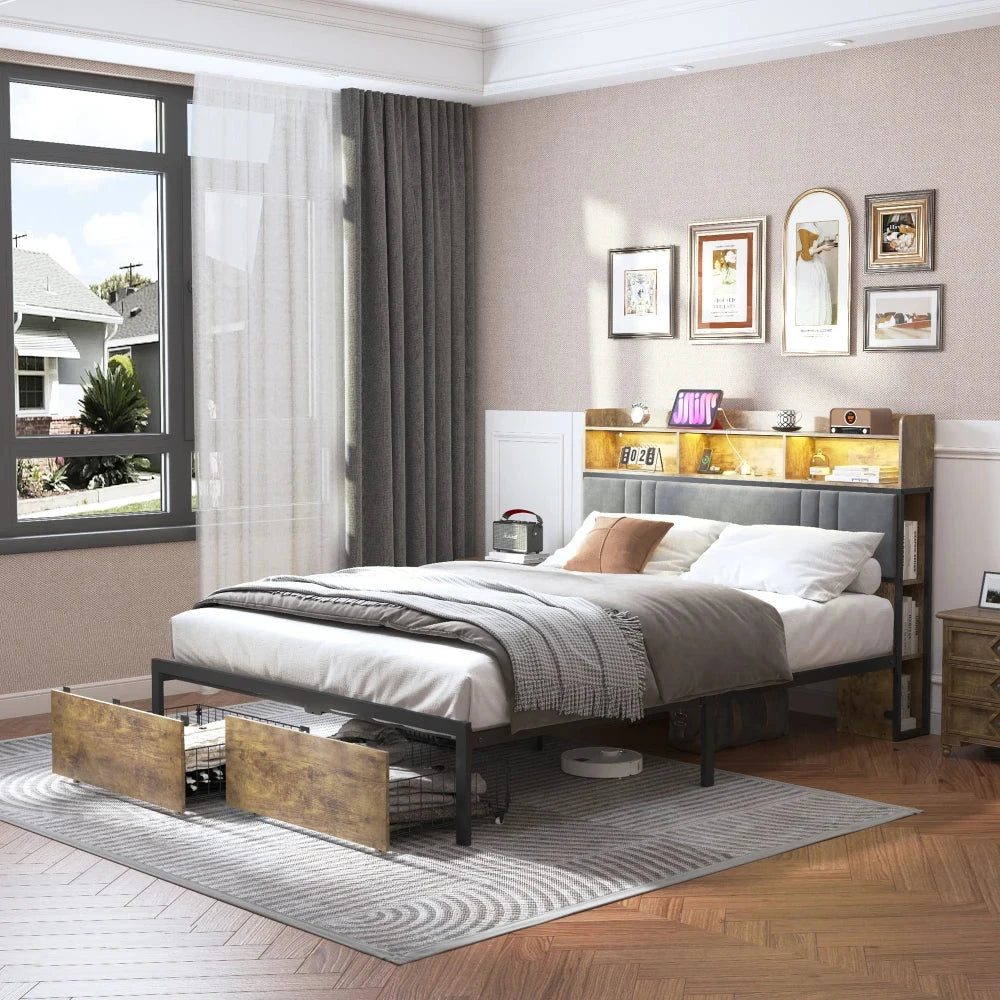 Queen Size Bed Frame with LED Light & Power Outlet, Platform Bed with Upholstered Headboard and Storage Good Vibrations