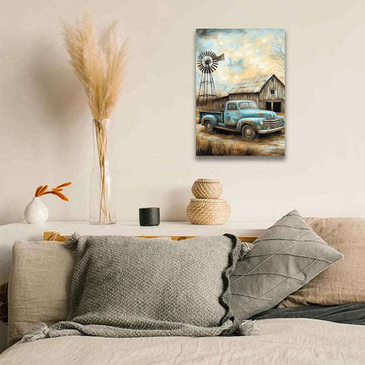 Rustic Country Decor: Windmill, Barn & Vintage Truck Print Canvas Artwork for Home Decor 1.5in Thickness Nature Canvas Print Good Vibrations