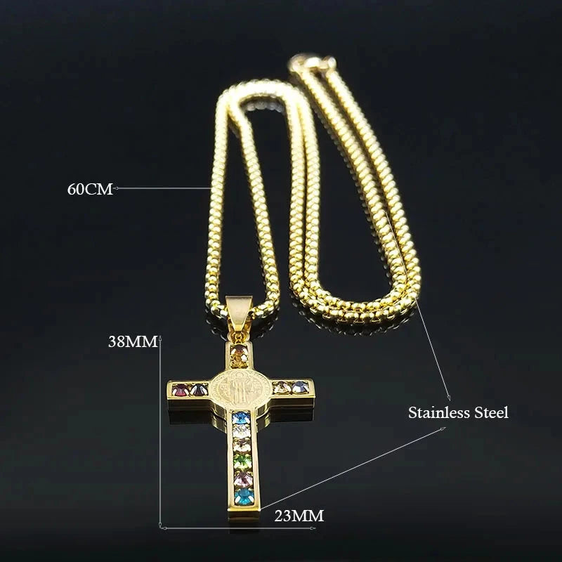 Catholic Jesus Cross Stainless Steel Necklace Saint Benedict Crystal Virgin Mary Pendant Crucifix Male Necklaces Jewelry cruz Good Vibrations