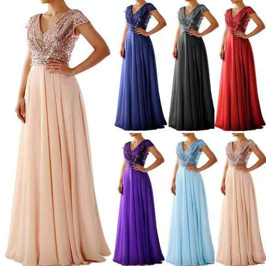 New Spring and Summer Women's V-neck Sequin Patchwork Elegant Formal Long Gown Evening Dresses 2024 Good Vibrations