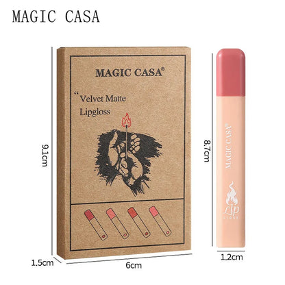 MAGIC CASA 4-Piece Matchstick Lip Gloss Gift Box Set Beauty Matte Lipstick Waterproof Non-Stick Cup Vegan Lip Glaze Good Vibrations