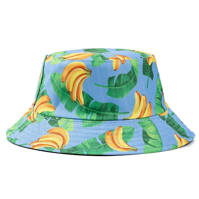 Hot Sale Unisex Bucket Hats Summer Double-sided Wear Fruit Printing Women Cap Outdoor Sun Hat Men Classic Panama Bucket Hat Good Vibrations