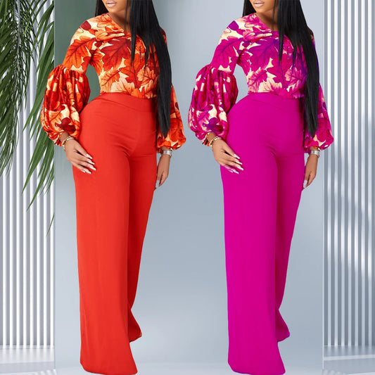 D386 Trendy Ladies Office 2 Piece Pants Set Women Outfits for Women Print Strap Top Wide Leg Pants Two Piece Set Women Clothing Good Vibrations