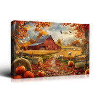 Looife Autumn Farmhouse Canvas Wall Art - Red Barn, Pumpkins & Fall Foliage Scene, Rustic Country Home Decor Good Vibrations